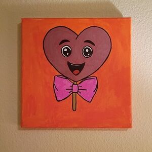 Handpainted Red Heart Lollipop Acrylic Painting On Canvas Signed 10x10"